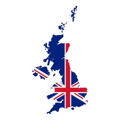 Fototapeta na wymiar Map of United Kingdom. Vector design isolated on white background. Shape of United Kingdom map filled up with UK flag colors.