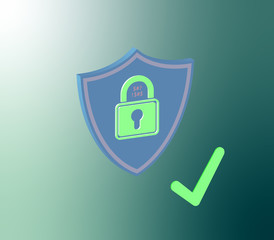 Cyber security concept; shield with locker; safety ensured; 3D ilustration.