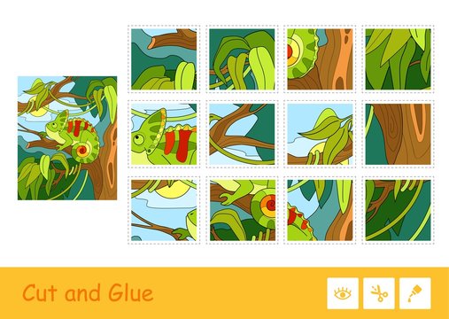 Colorful kids game with the image of chameleon sitting on a tree in a rainforest. Cut and glue children game.