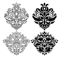 Hand drawn Damask decorative elements in black and white, set of vector illustrations