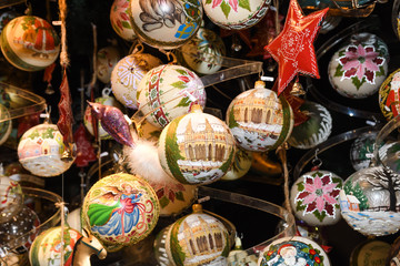 Christmas decorations on the market in Vienna.Golden balls, bulbs, bubbles,decorations and ornaments