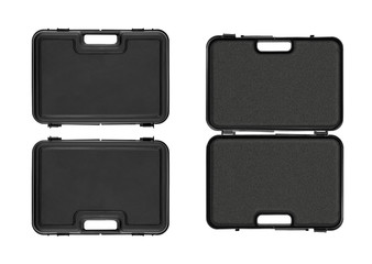 Frontside, backside and open view of a matte black plastic case with a black foam insert isolated...
