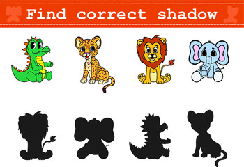 Educational game for preschool children "Find the correct shadow" with funny animals. Vector illustration for children's magazines and preschool institutions