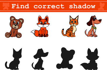 Educational game for preschool children "Find the correct shadow" with funny animals. Vector illustration for children's magazines and preschool institutions