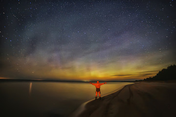 northern lights lonely man lakeside beautiful nature night sky landscape