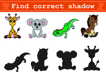 Educational game for preschool children "Find the correct shadow" with funny animals. Vector illustration for children's magazines and preschool institutions
