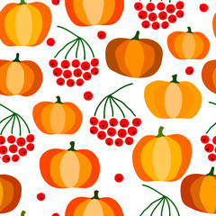 Autumn seamless pumpkin pattern. Pumpkins, cranberries, rowan isolated on white background. Seasonal vector illustration for wallpaper, wrapping paper. Autumn image for Halloween and Thanksgiving