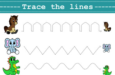 Trace line worksheet for kids with funny animals. Practicing fine motor skills. Educational game for preschool kids. Vector illustration.