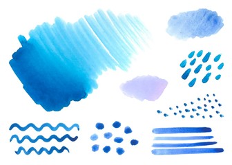 Set of blue Watercolor stains isolated on a white background. Different brush, Stripes, lines, circles, dots, waves, prints, backgrounds. Vector stock illustration. Watercolor splash collection