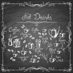 Vintage style. Hand-drawn Collection Sketches of hot drinks on the blackboard. Vector illustration.