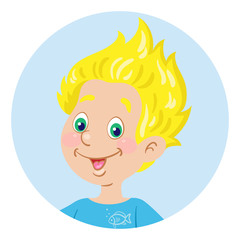 Portrait of a funny blond boy. Avatar icon in the circle. In cartoon style. Isolated on white background. Vector flat illustration.