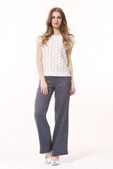 business woman executive posing in summer casual jeans white blouse