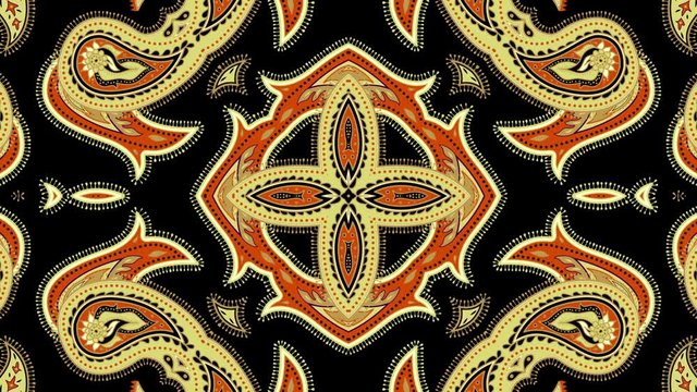 Symmetric abstract ornamental paisley pattern. Looping footage.