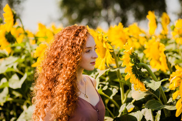 Red hair girl in sunflowers