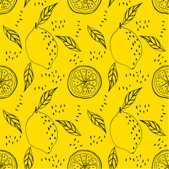Seamless pattern with lemons. Slice of lemon. Lemon with leaf. Vector background with lemons. Summer background with fruits. Juicy lemon.