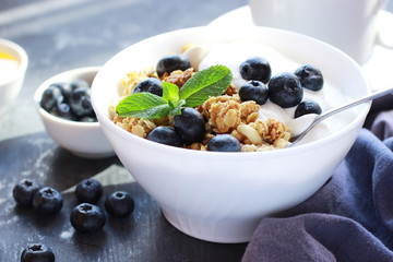 Healthy Breakfast bowl of muesli with blueberries and yogurt close up