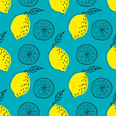 Seamless blue pattern with fruits. Background with lemons. Vector slice of lemon and lemon with leaf.