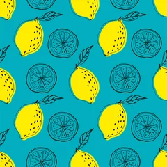 Fototapete Zitronen Nahtloses blaues Muster mit Früchten. Hintergrund mit Zitronen. Vektorscheibe Zitrone und Zitrone mit Blatt.