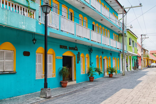 FLORES, GUATEMALA - APRIL 25: View of a hotel in Santa Elena on Flores island, Guatemala, Central America on April 25, 2014. Santa Elena is one of a starting point to visit famous mayan temples -TIkal