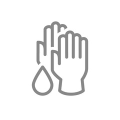 Fototapeta premium Medical gloves with disinfectant drop line icon. Cleaning supply, hand disinfection symbol