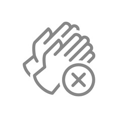 Medical gloves with cross checkmark line icon. No hand protection, hand disinfection symbol