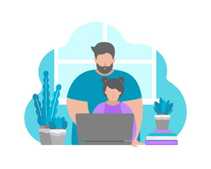 Fototapeta na wymiar Vector illustration in flat style. Sitting father and daughter with laptop. Online education with class in quarantine time, making homework with parent's help. Home schooling. Blue and violet colours