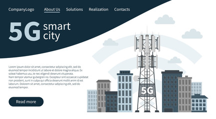 Landing page banner, fifth generation base station or mast, vector of cellular equipment, mobile data towers. Web design concept of 5G innovative smart city, telecommunication antennas and signal