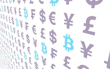 Bitcoin and currency on a white background. Digital crypto currency symbol. Business concept. Market Display. 3D illustration