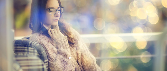 Fototapeta na wymiar eyesight concept glasses, girl model in autumn glance, youth style smart student