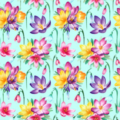 Seamless watercolor pattern with pink, purple, yellow, violet, blue crocuses on 
turquoise background. Good texture for textile design and printed products design. Colorful, bright, spring flowers.