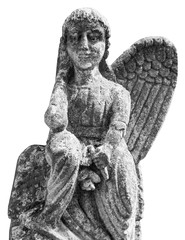 Close up of angel with one broken wingwings. Monochrome image of vesy ancient stone statue isolated on white background.