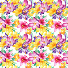 Fototapeta na wymiar Seamless watercolor pattern with pink, purple, yellow, violet, orange crocuses on white background. Colorful, bright, spring flowers. Good texture for textile design and printed products design. 