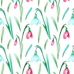 Fototapeta na wymiar Seamless watercolor pattern with pink, blue, violet crocuses and leaves on white background. Good texture for textile and printed products design. Delicate, spring pattern with flowers and sprouts.