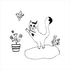 Cute cat drawn by hand. White cat with a black spot in the shape of a heart, feline dreams. Cat entertainment. Vector illustration in doodle style. Isolate on a white background