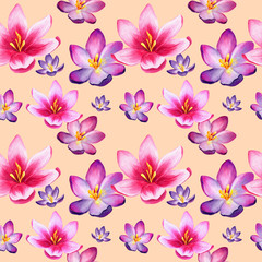 Obraz na płótnie Canvas Seamless watercolor pattern with pink, purple, violet crocuses on orange background. Good texture for textile design and printed products design. Colorful, bright, spring flowers for your design.