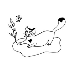 Cute cat drawn by hand. White cat with a black spot in the shape of a heart, feline dreams. Cat entertainment. Vector illustration in doodle style. Isolate on a white background