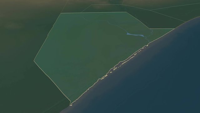 Jubbada Hoose, region with its capital, zoomed and extruded on the relief map of Somalia in the conformal Stereographic projection. Animation 3D