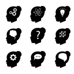 Women head mind thinking vector icon set, cogs, thought, atom and others