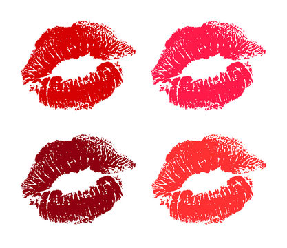 Red, rose, pink lips pomade imprint. Kiss trace icon and symbols. romantic stamp, imprint, symbol.