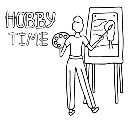 Painter drawing on easel. Hand drawn outline doodle vector illustration. Woman artist with palette painting landscape on canvas using brush. Hobby time. Black contour isolated on white background