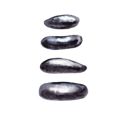 Set of black realistic spa pebbles. Smooth flat stones of the sea coast. Watercolor hand painted isolated elements on white background.
