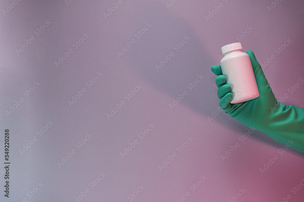 Poster beautiful hand hold white bottle for pills in the color light. beautiful old minimal in neon light. 