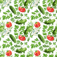 Vegetable seamless pattern with parsley, cucumbers and tomatoes watercolour. Food illustration in hand drawn watercolour style on texture background