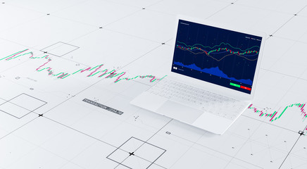 3d rendering of stock exchange concept app running on laptop