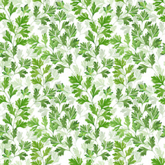 Food seamless pattern with olive leaves and parsley greens. Hand drawn watercolor style. Healthy organic food. Vegetarian background