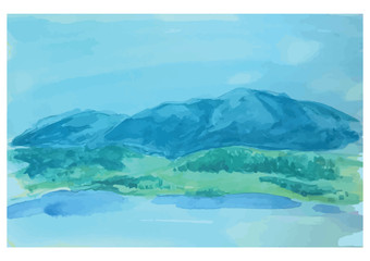 水彩画　湖と山脈