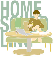 homeschooled child studying alone on the sofa