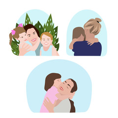 Mom and baby, set of vector illustrations of mother with baby in her arms. Family in nature. Mother's love for children. Children's Day. Vector illustration in flat style