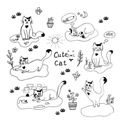Set of cute cats drawn by hand. White cat with a black spot in the shape of a heart, feline dreams. Cat entertainment. Vector illustration in doodle style. Isolate on a white background.