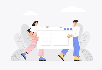 UI UX design concept of creating an application and teamwork. Two people hold the application window.  Flat modern style vector illustration.